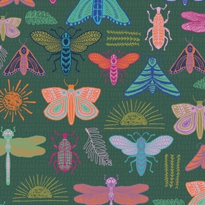 Green multi color Doodle Bugs, beetle, butterfly, dragonfly-MEDIUM