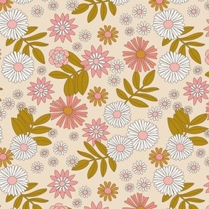 Romantic retro garden - wildflower meadow english botanical boho design vintage pink mustard green blush on vanilla cream