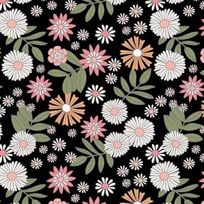Romantic retro garden - wildflower meadow english botanical boho design vintage pink blush green sage on black