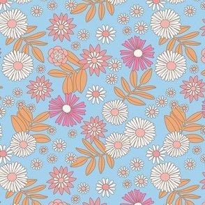 Romantic retro garden - wildflower meadow english botanical boho design vintage orange pink white on aqua blue
