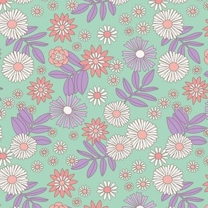Romantic retro garden - wildflower meadow english botanical boho design vintage lilac apricot blush on mint nineties palette