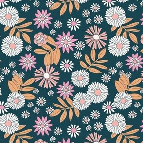 Romantic retro garden - wildflower meadow english botanical boho design vintage blush pink on navy blue