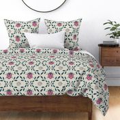 Ladybug  Garden Lattice Damask MED | Magical Meadow | Prussian Blue Bubblegum Pink on Pearl White 