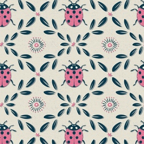 Ladybug  Garden Lattice Damask MED | Magical Meadow | Prussian Blue Bubblegum Pink on Pearl White 