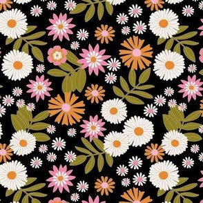 Romantic retro garden - wildflower meadow english botanical boho design vintage mustard green olive orange pink on black