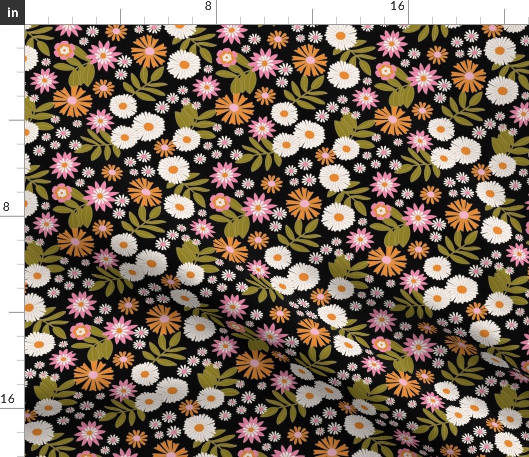 Romantic retro garden - wildflower meadow english botanical boho design vintage mustard green olive orange pink on black