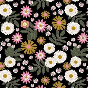 Romantic retro garden - wildflower meadow english botanical boho design vintage mustard pink white olive green on black