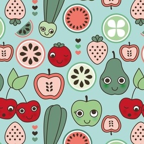 Retro mid-century fifties inspired fruit and veggie garden with kawaii smiley faces red orange blue green on turquoise