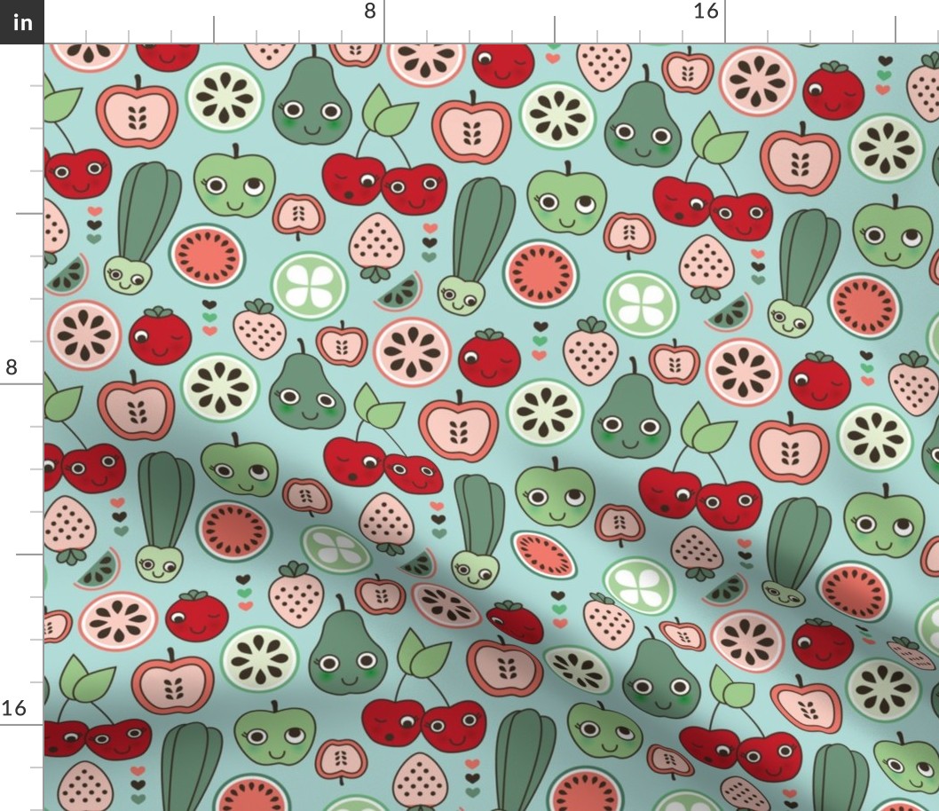 Retro mid-century fifties inspired fruit and veggie garden with kawaii smiley faces red orange blue green on turquoise