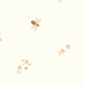 Bees and Flowers Yellow Pink on Cream Doodle Summer Bugs - Large