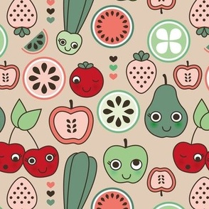 Retro mid-century fifties inspired fruit and veggie garden with kawaii smiley faces red orange blue green on sand
