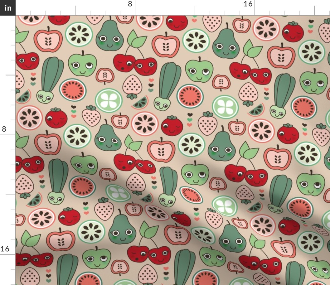 Retro mid-century fifties inspired fruit and veggie garden with kawaii smiley faces red orange blue green on sand