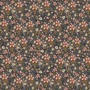 Peach Gold and Blue Florals in Brown Mini Print