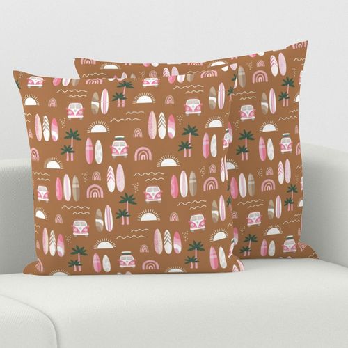 Little campervan and surf boards summer surf trip boho vacation palm trees sunshine and waves pink beige pine green on caramel burnt orange