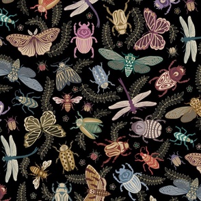 All the pretty doodle bugs - jewel tone beetles, butterflies, bees, moths and dragonflies on black - extra large