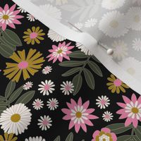 Romantic retro garden - wildflower meadow english botanical boho design vintage mustard pink white olive green on black SMALL