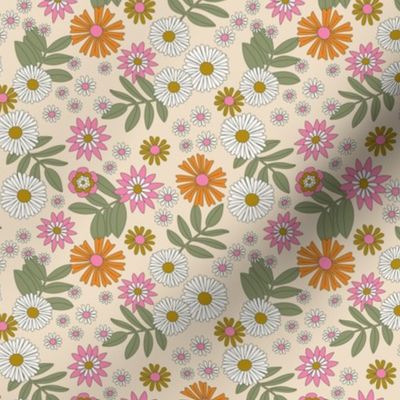 Romantic retro garden - wildflower meadow english botanical boho design vintage orange pink green on cream vanilla SMALL