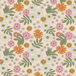 Romantic retro garden - wildflower meadow english botanical boho design vintage orange pink green on cream vanilla SMALL