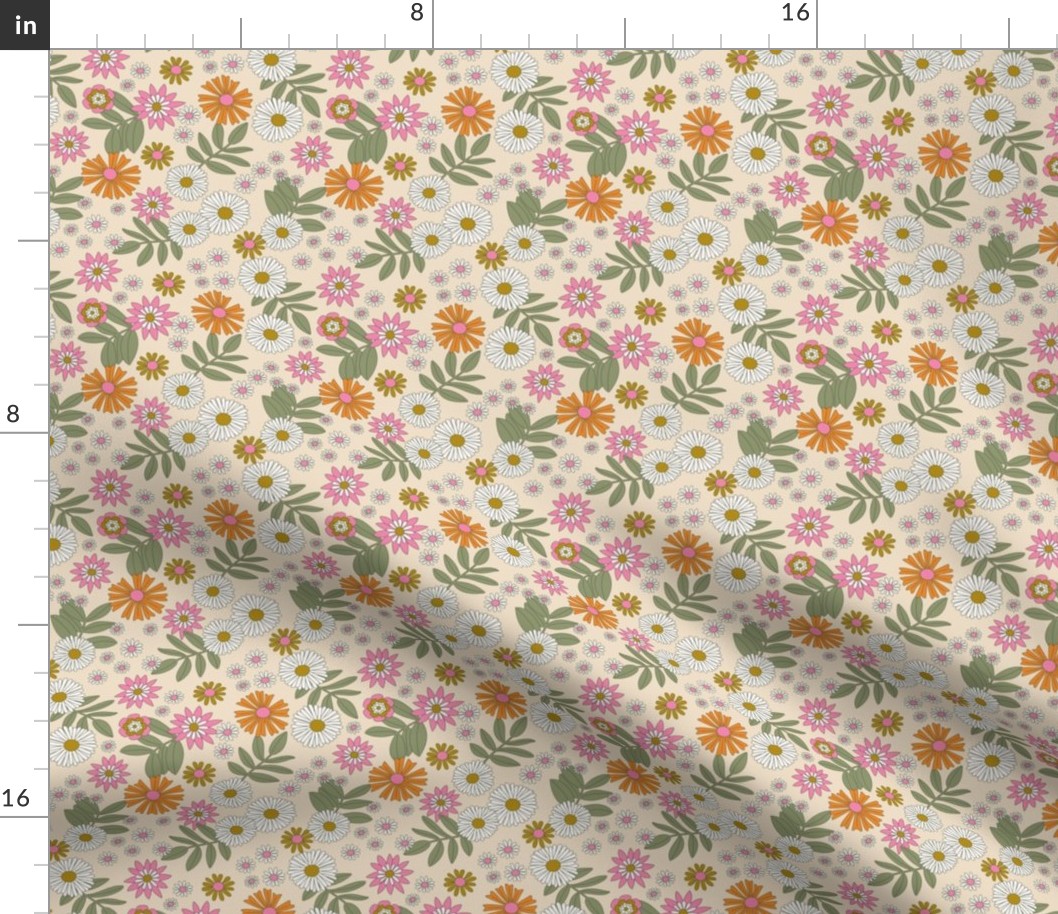 Romantic retro garden - wildflower meadow english botanical boho design vintage orange pink green on cream vanilla SMALL