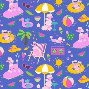 Poodle pool party - pets on vacation - pink poodles having fun in the summer sun - bright, colorful and happy dog design - pink, green and yellow on blue - extra small