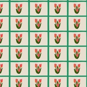 Neon Pink Tulips Seafoam Green Windowpane Plaid Multi Color Spring Floral Small Scale