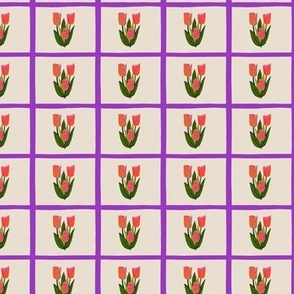 Neon Pink Tulips Purple Windowpane Plaid Multi Color Spring Floral Small Scale 