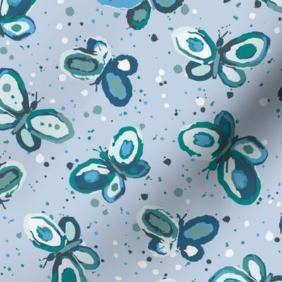 Doodle Bugs Butterflies - blue - L large scale - green teal sea glass turquoise tossed cute kids painterly