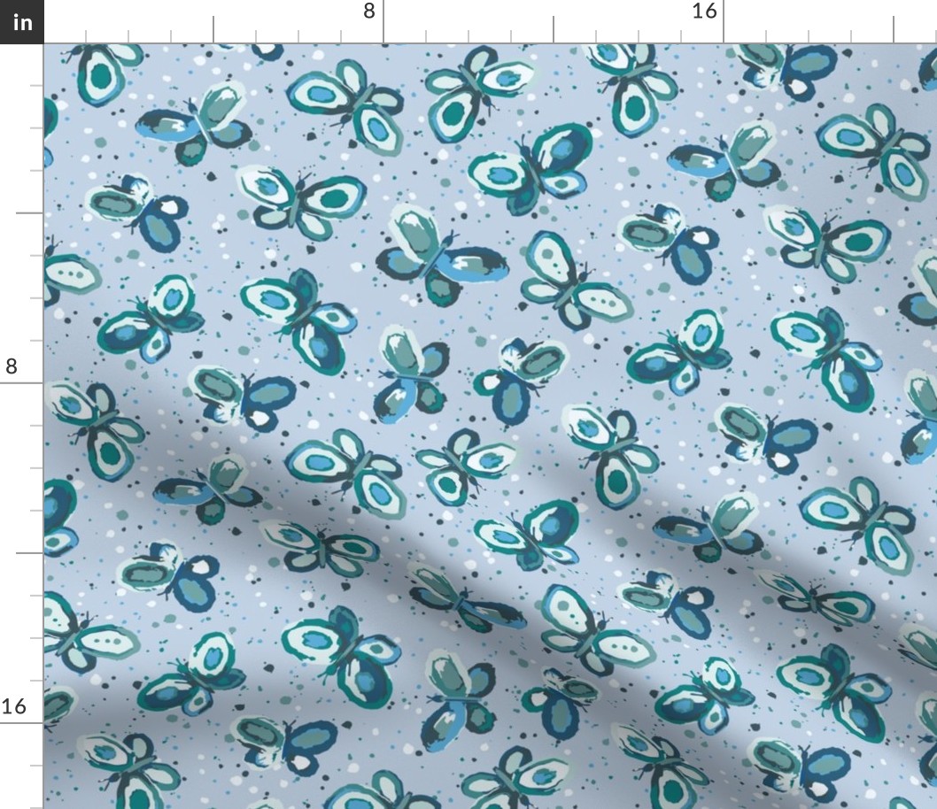 Doodle Bugs Butterflies - blue - L large scale - green teal sea glass turquoise tossed cute kids painterly