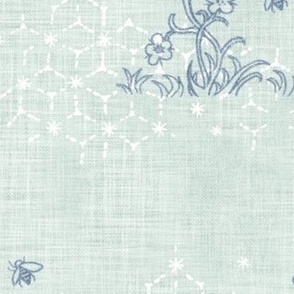 Honey Bees on Sea Mist | Wildflowers and bees with honeycomb, hand drawn on a linen texture background in blue-green, turquoise, nature fabric in blue and green.