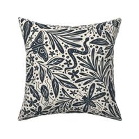 Bug Forest - dark navy and off white cream - spiders, snakes, dragonflies, ants, butterflies, snail, moths and more - medium