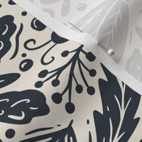 Bug Forest - dark navy and off white cream - spiders, snakes, dragonflies, ants, butterflies, snail, moths and more - medium