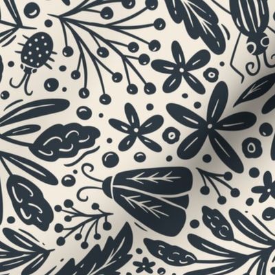 Bug Forest - dark navy and off white cream - spiders, snakes, dragonflies, ants, butterflies, snail, moths and more - medium