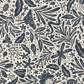 Bug Forest - dark navy and off white cream - spiders, snakes, dragonflies, ants, butterflies, snail, moths and more - medium