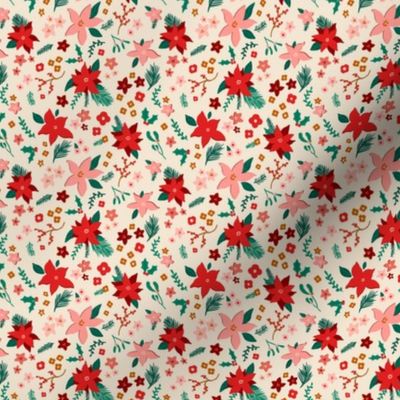 Christmas floral boho poinsettia, red and pink, micro 3 inch repeat