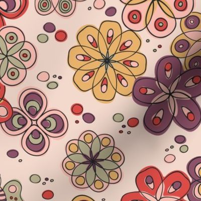 M | Retro Geometric Flowers with Summer Butterflies on Girly Soft Pink with Harvest Gold