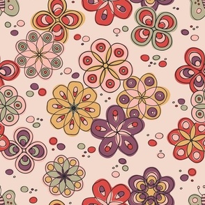 M | Retro Geometric Flowers with Summer Butterflies on Girly Soft Pink with Harvest Gold