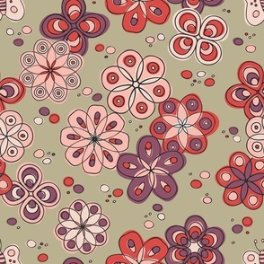M | Retro Geometric Flowers Summer Butterfly Floral on Pale Olive Green