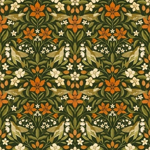 Lilies and Warblers // Traditional Green and Vibrant Orange //  Medium Scale