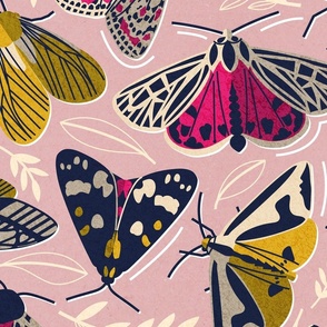Large jumbo scale // Quirky beautiful moths // pale chestnut pink textured background oxford navy blue ivory yellow and fuchsia pink tiger moth insects