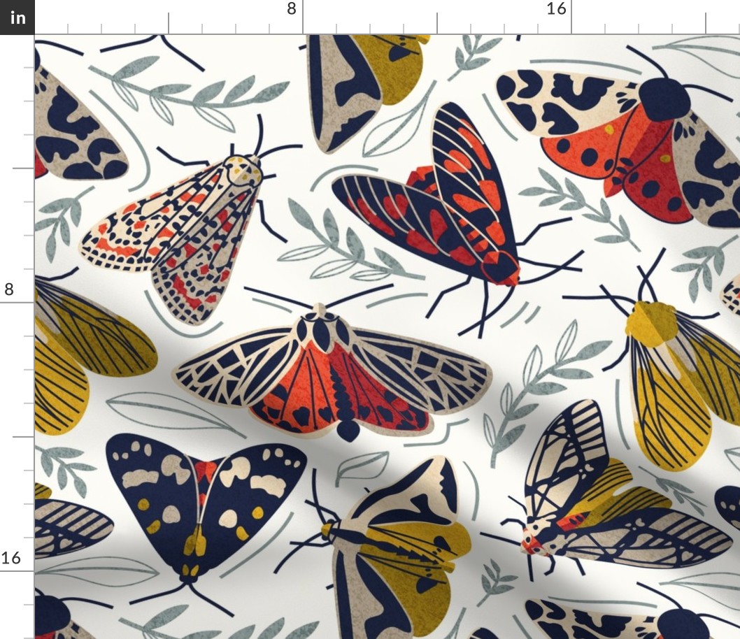 Normal scale // Quirky beautiful moths // natural white background oxford navy blue ivory yellow and red tiger moth insects