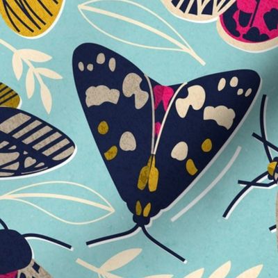 Normal scale // Quirky beautiful moths // mint textured background oxford navy blue ivory yellow and fuchsia pink tiger moth insects