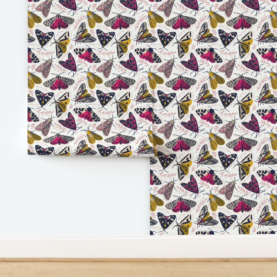 Normal scale // Quirky beautiful moths // natural white background oxford navy blue ivory yellow and fuchsia pink tiger moth insects