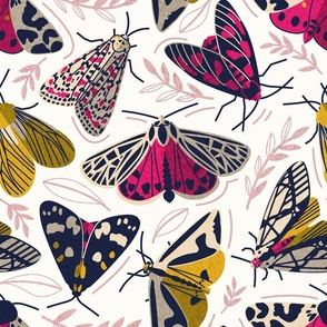 Normal scale // Quirky beautiful moths // natural white background oxford navy blue ivory yellow and fuchsia pink tiger moth insects