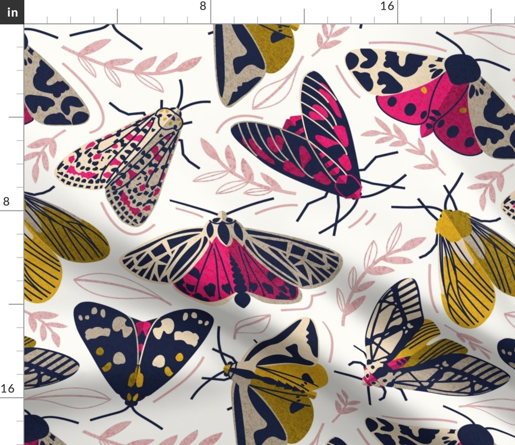 Normal scale // Quirky beautiful moths // natural white background oxford navy blue ivory yellow and fuchsia pink tiger moth insects