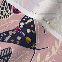 Small scale // Quirky beautiful moths // pale chestnut pink textured background oxford navy blue ivory yellow and fuchsia pink tiger moth insects