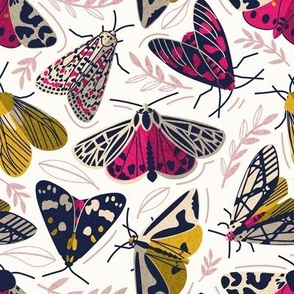 Small scale // Quirky beautiful moths // natural white background oxford navy blue ivory yellow and fuchsia pink tiger moth insects