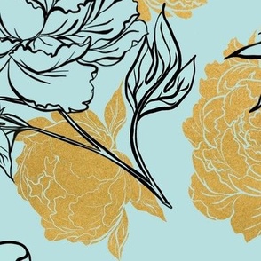 Inked Peonies with Sold Gold on Mint Large