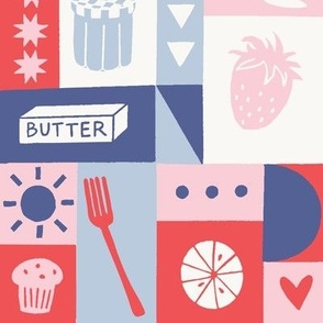 Breakfast Time Patchwork in Blue, Red and Pink