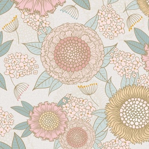 Whimsical Modern Floral in Pink Cream and Teal