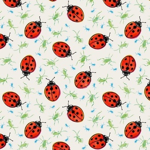 Ladybugs and Aphids - 12" large - black, red, green, and blue on alabaster